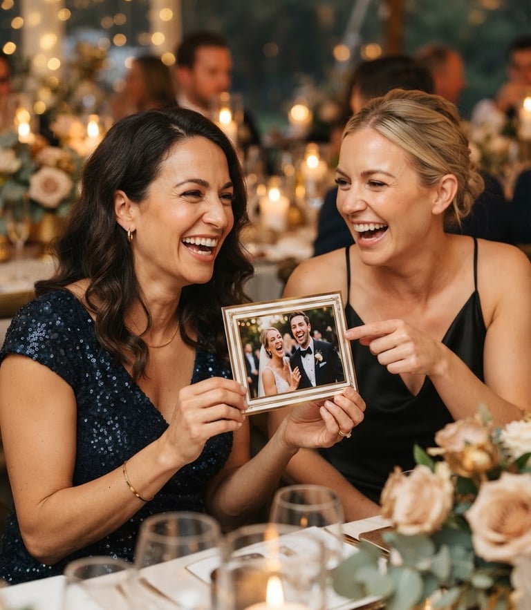 Close-up of elegant wedding guests laughing and holding high-quality printed photos with custom gold borders, warm ambient event lighting, shallow depth of field