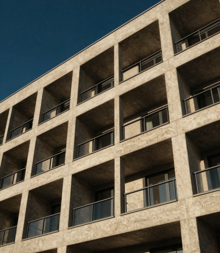 Low angle architectural photograph of a modern multi-family concrete and steel building structure, crisp morning sunlight casting sharp shadows, deep navy sky background, 35mm lens.