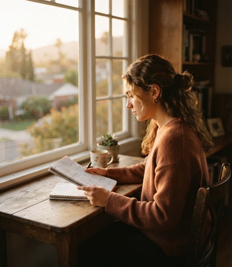 A student reading a notebook by a sunlit window in Burbank, warm golden-hour light, 35mm film aesthetic
