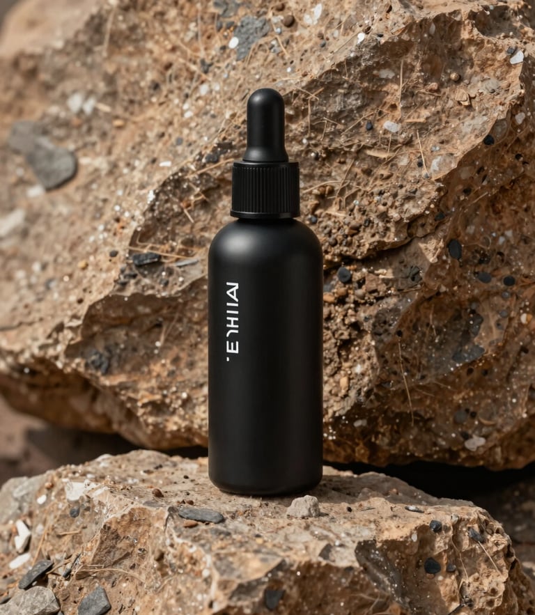 Orthographic view of black matte cosmetic bottles with minimalist white typography, set against a raw high-desert basalt rock texture.