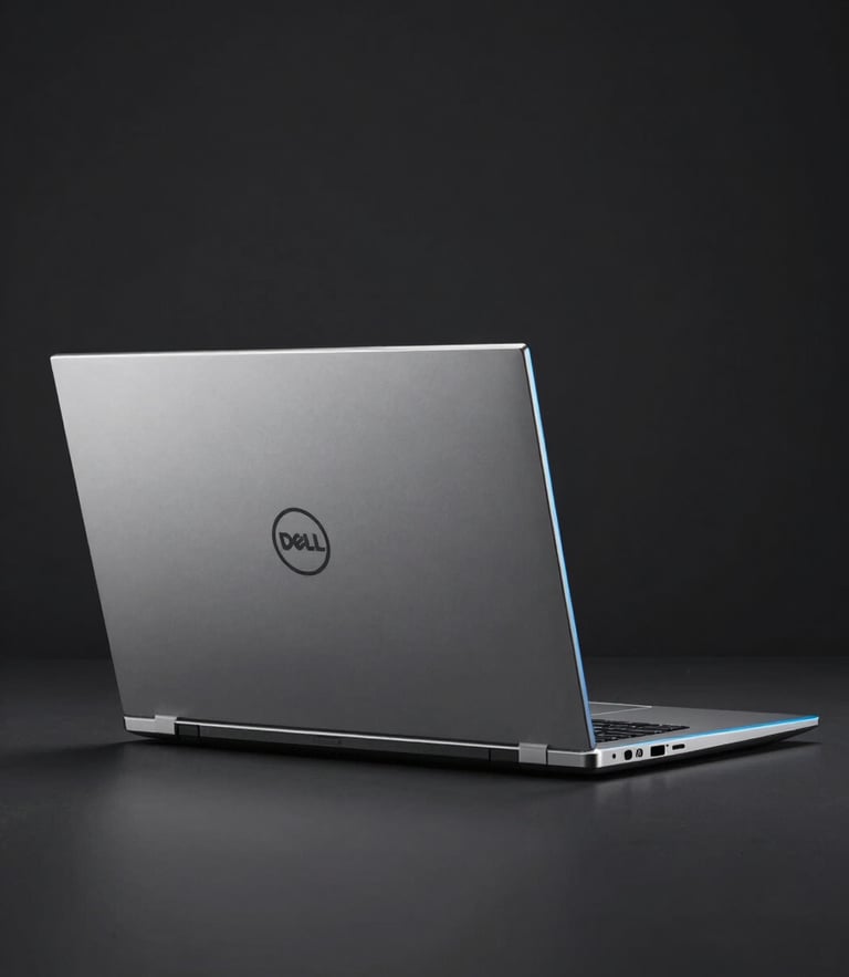Crisp studio shot of a Dell Latitude 5400 laptop open, sleek chassis, dark minimalist background with electric blue rim light, 85mm lens