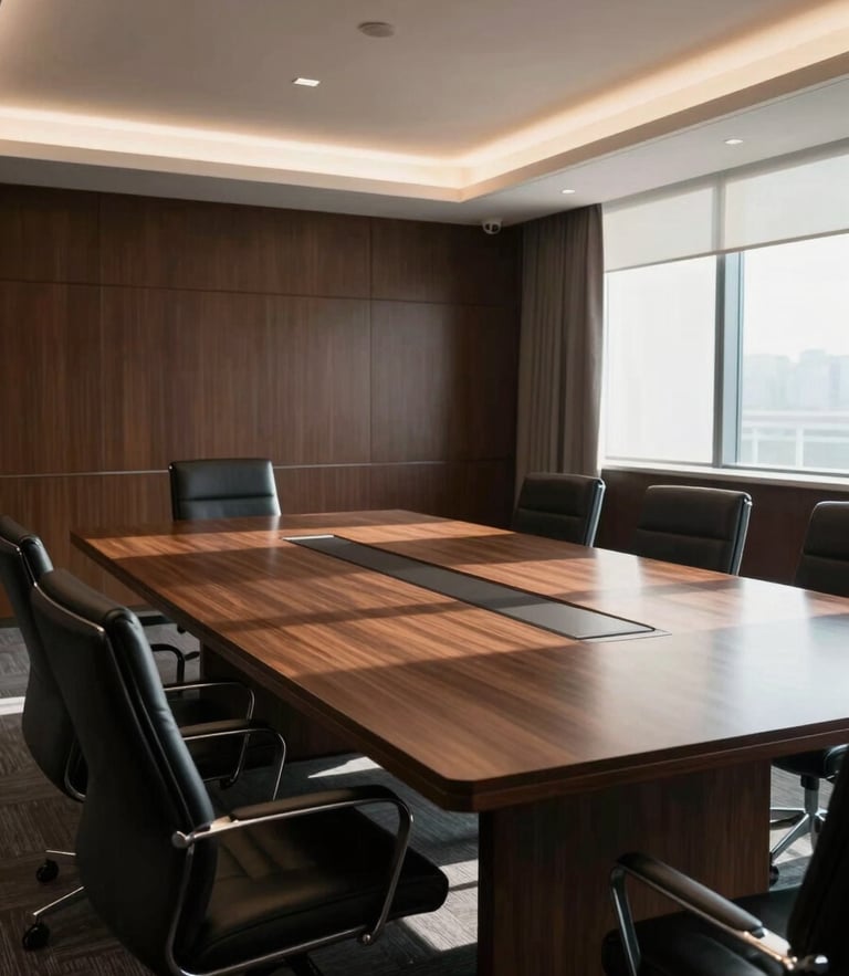 Environmental wide shot of an empty, modern legal meeting room with a dark wood table and natural side-light streaming in from the right, casting deep shadows.