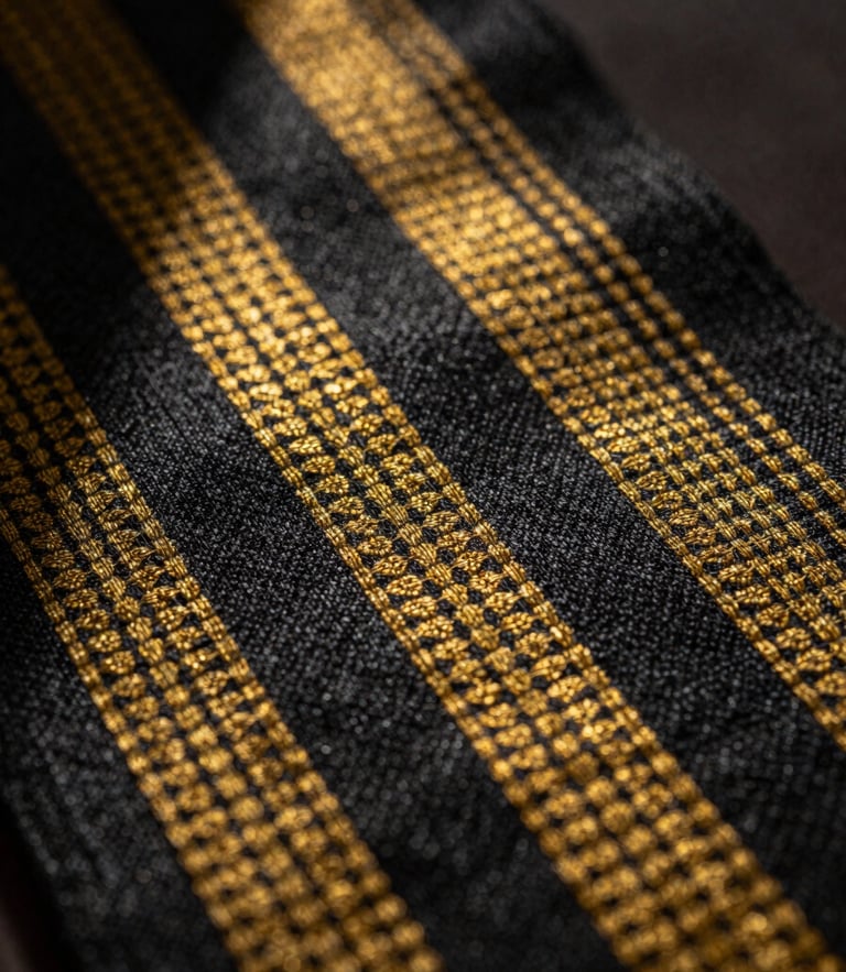 Extreme macro chiaroscuro shot of authentic handwoven Alindi cloth, sharp geometric patterns in gold and obsidian threads, dramatic side lighting