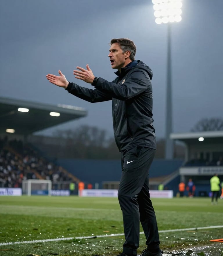 Cinematic medium shot of a professional football manager gesturing intensely on a floodlit touchline, dark overcast background, premium editorial sports photography style.