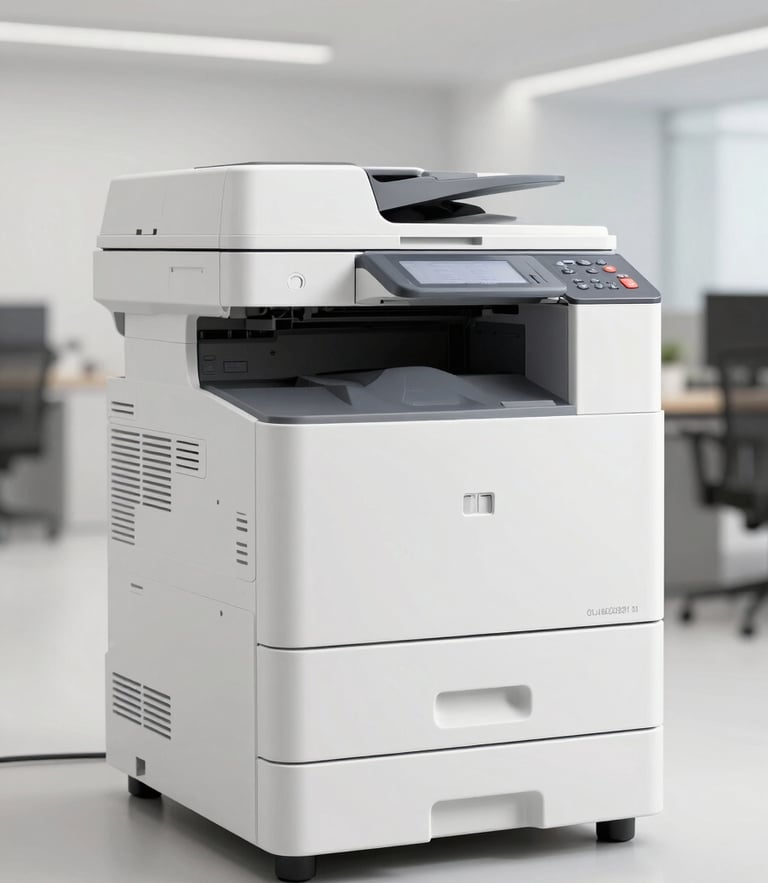 Clean product photography of a high-capacity industrial office copier, bright neutral office lighting, sharp focus, professional B2B tech aesthetic, 35mm lens, three-quarter perspective