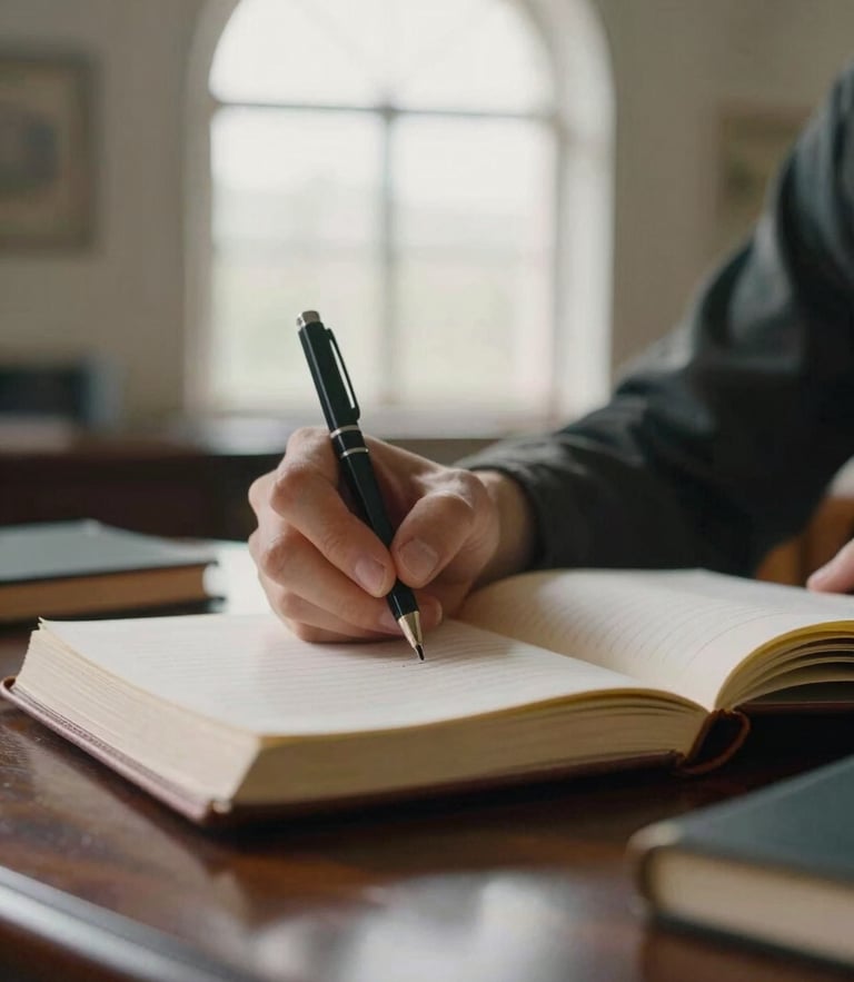 A close-up of hands writing in a leather-bound academic journal on a dark oak desk, soft morning light from a high arched window, scholarly atmosphere, 35mm