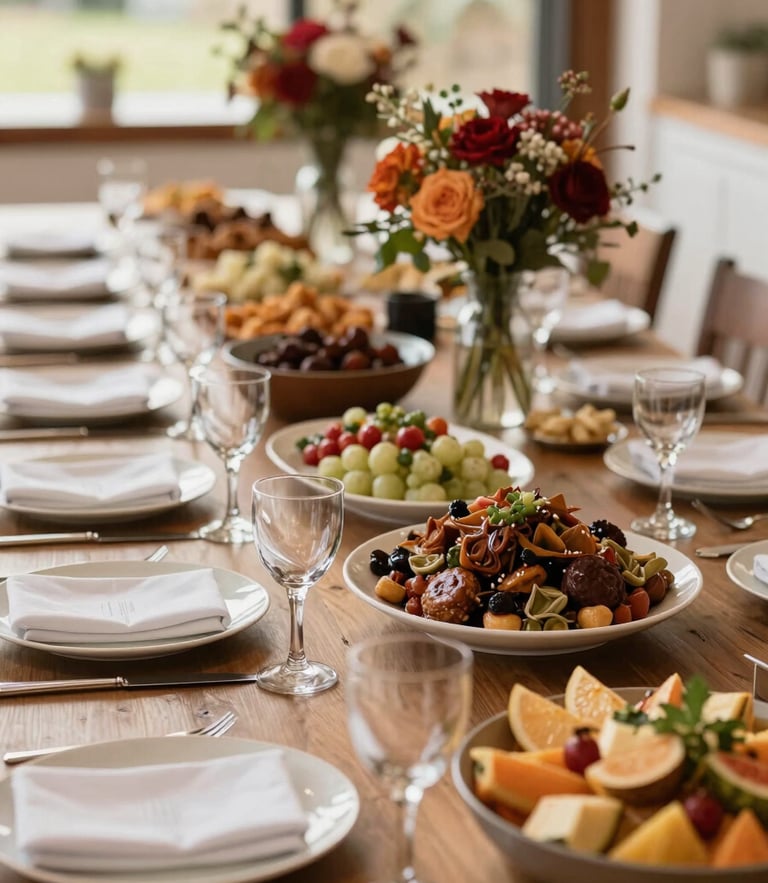 Warm editorial photography of an abundant, artfully styled buffet table under soft natural daylight, elegant table settings, shallow depth of field