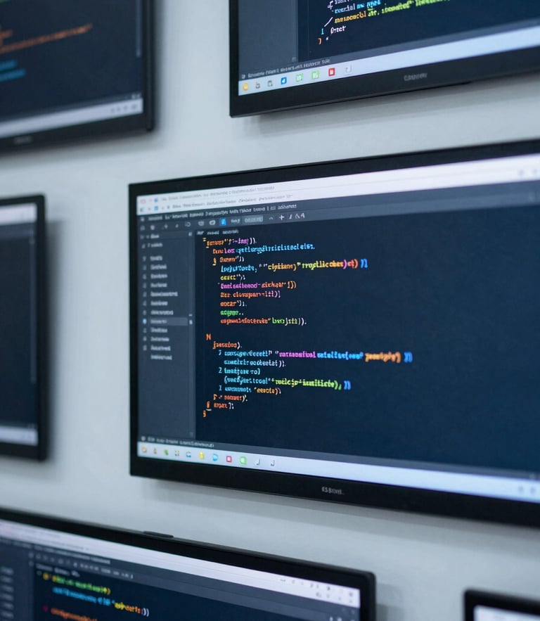 Close-up of clean code on high-resolution screens in soft daylight, cool slate blue tones, architectural focus, 35mm