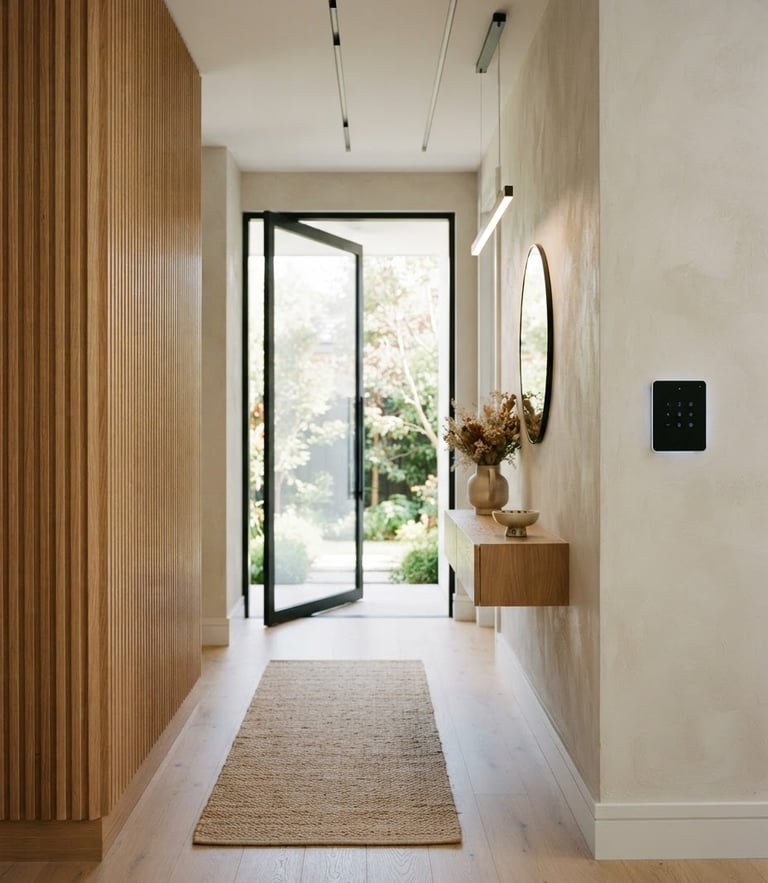A warm editorial photograph of a modern, well-lit home entrance corridor, showcasing clean architectural lines and a subtle, elegant security keypad on the wall, bright natural daylight, 35mm