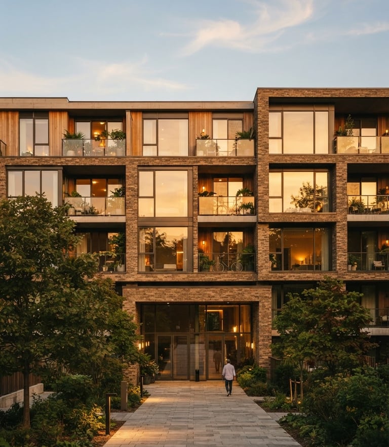 Warm architectural photography of a modern low-rise residential building exterior, soft golden hour sunlight reflecting off large glass windows, clean geometric brickwork, 35mm