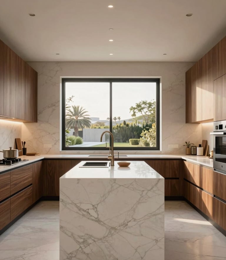 Straight-on architectural photography of a luxury Saudi villa kitchen, warm natural light from a large window, premium white marble island, sleek integrated appliances, minimalist walnut cabinets, 35mm