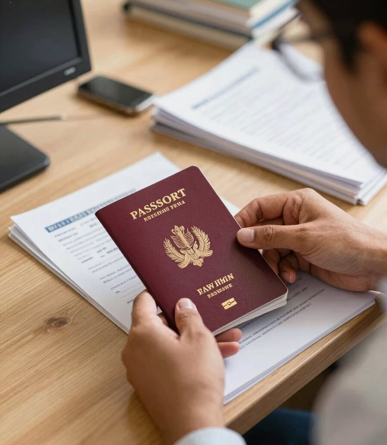 A professional visa consultant in New Delhi reviewing physical passport and visa documents under warm office lighting, authentic documentary style