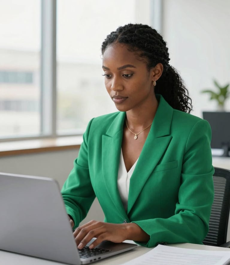 A focused professional Motswana woman working on a laptop in a bright Gaborone office, natural daylight, emerald green accents, professional editorial photography
