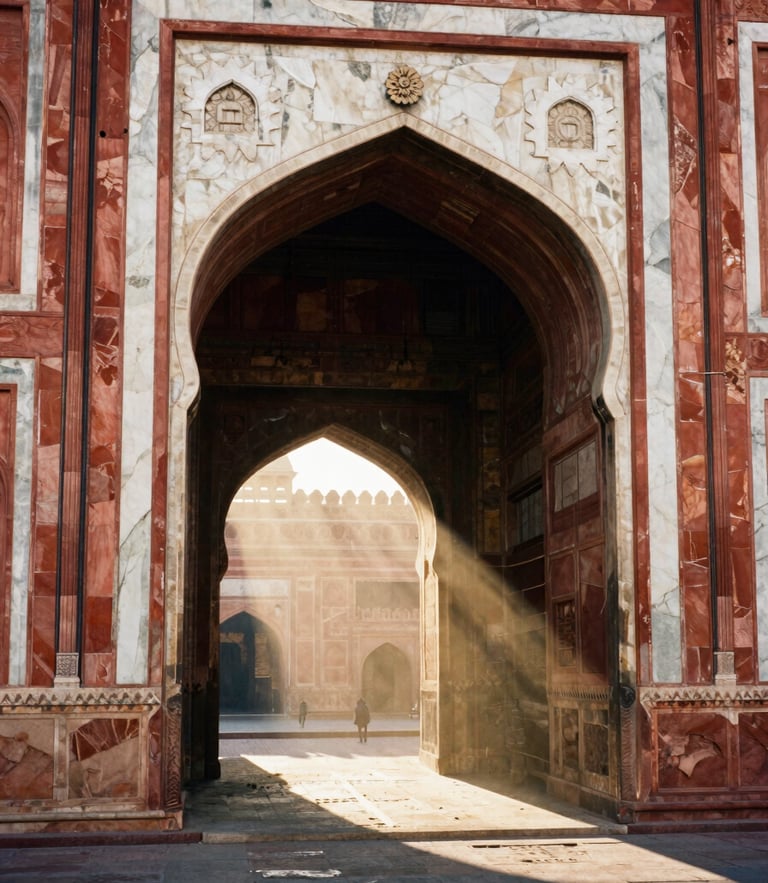 High-contrast architectural photograph of the grand eastern gate of Jama Masjid, dusty shafts of morning light illuminating the red sandstone archway, 35mm film.