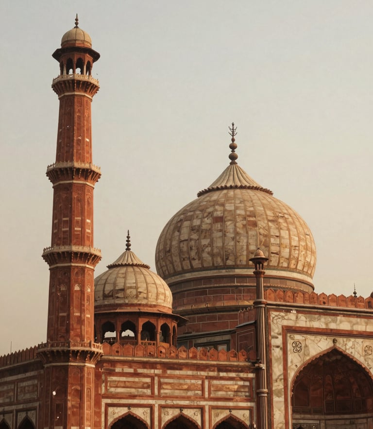 Low-angle architectural view of Jama Masjid's massive red sandstone dome and minarets rising against a dusty golden-hour sky, high contrast, 35mm film.