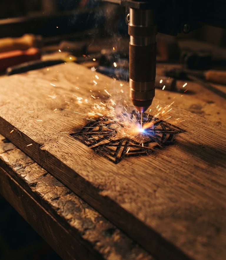 Macro shot of a laser beam engraving a raw oak plank, warm side-lighting, sparks flying, shallow depth of field, 50mm lens