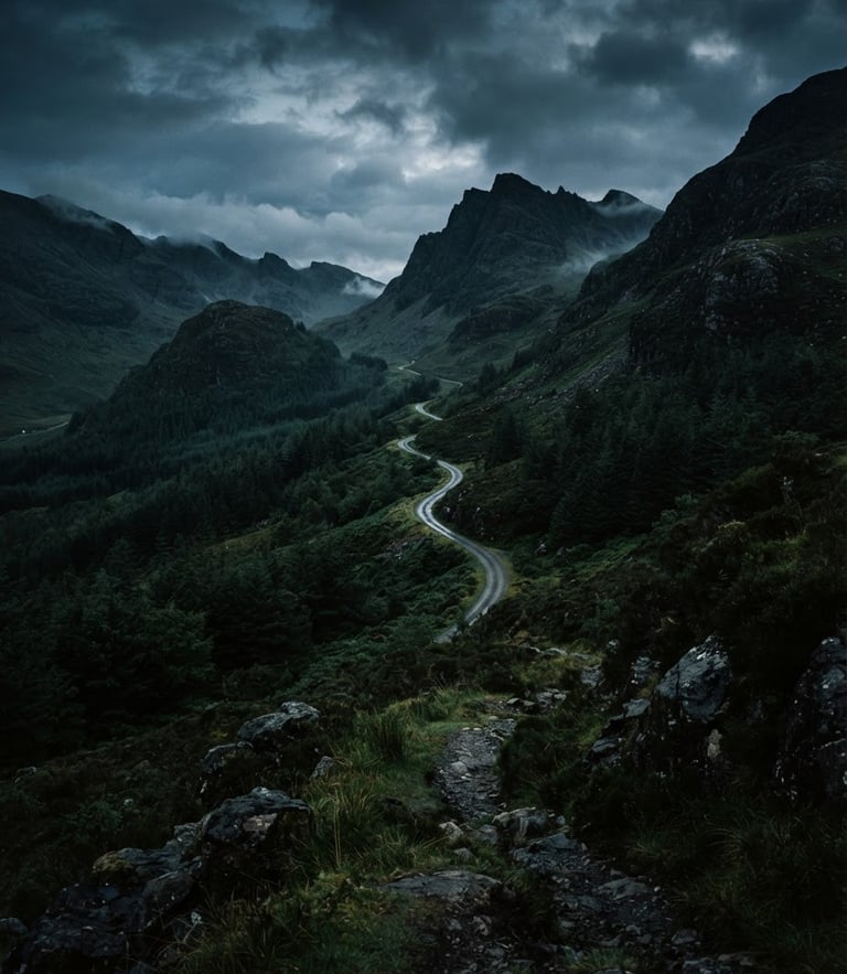 Moody outdoor photography of a rugged mountain pass at dawn, low-key early morning light, deep forest green tones, 35mm film grain