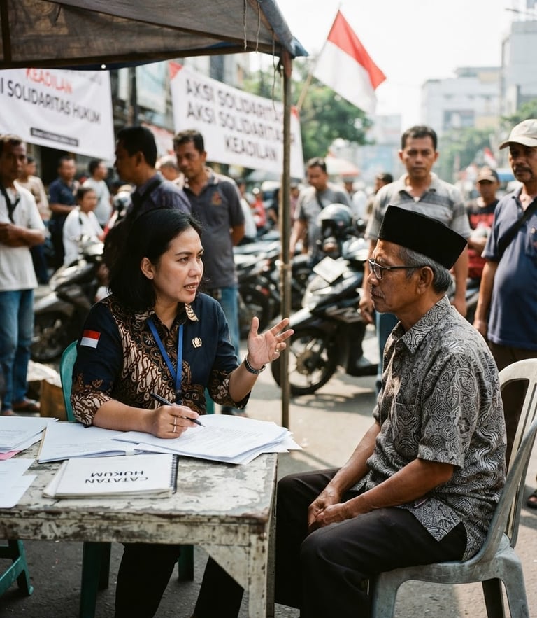 Dokumentasi aksi solidaritas hukum di Indonesia, pengacara berdiskusi dengan warga di luar ruangan, cahaya matahari natural, gaya fotojurnalisme 35mm