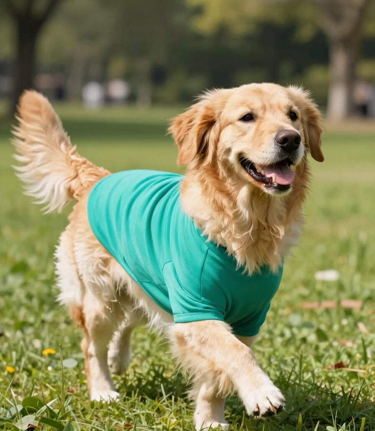 A happy, smiling golden retriever wearing a vibrant teal handcrafted shirt, running through a sunny park, bright natural daylight, 35mm