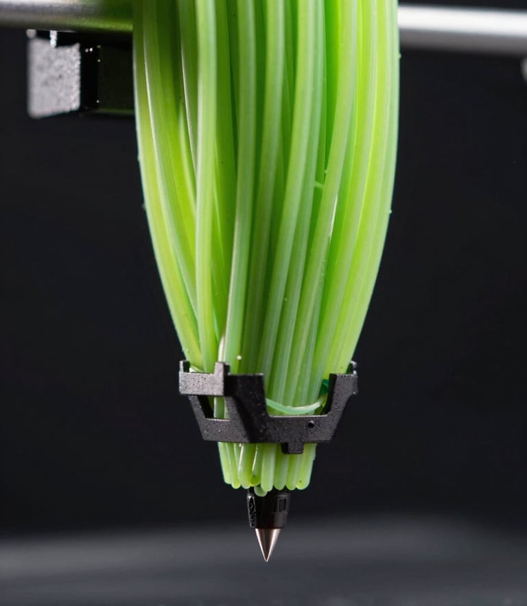 Extreme close-up of a 3D printer nozzle extruding neon green filament, dark background, moody studio lighting catching the edges of the plastic, high-contrast.