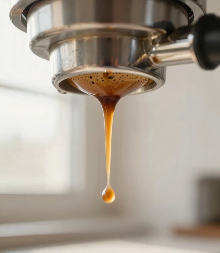 Macro detail of rich espresso extraction dripping from a bottomless portafilter, warm morning window light, golden crema, shallow depth of field
