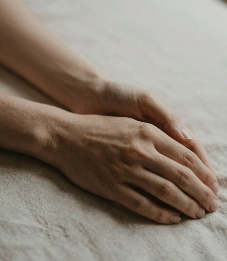 Extreme close-up of hands in repose resting on soft linen, diffused morning light, desaturated earth tones, shallow depth of field