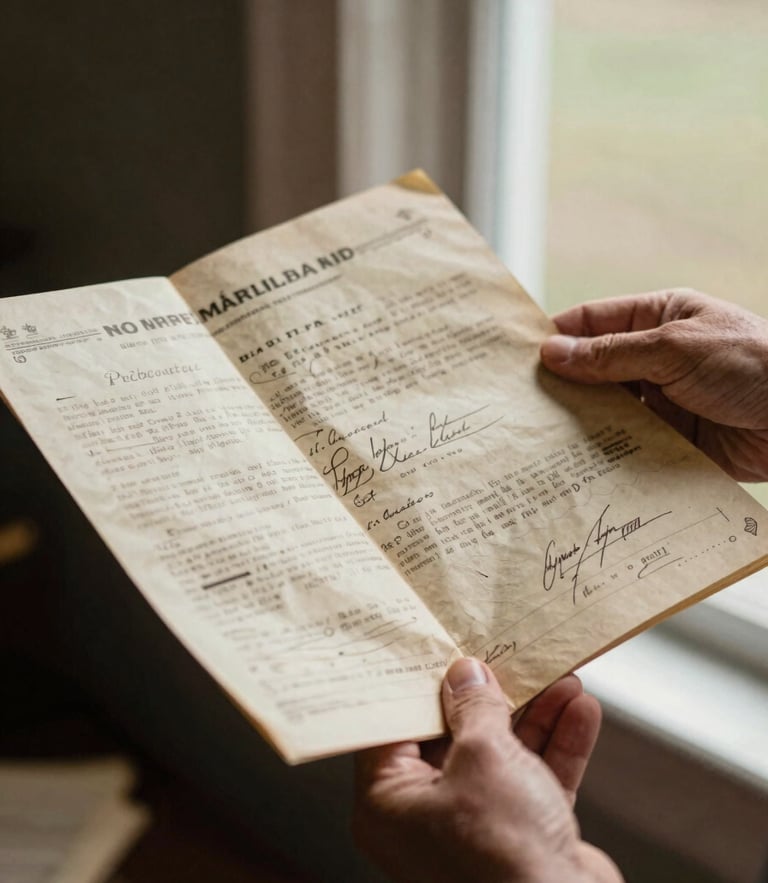 Close-up of hands holding a historic property deed under soft window light, rich earthy tones, shallow depth of field, authentic 35mm documentary style