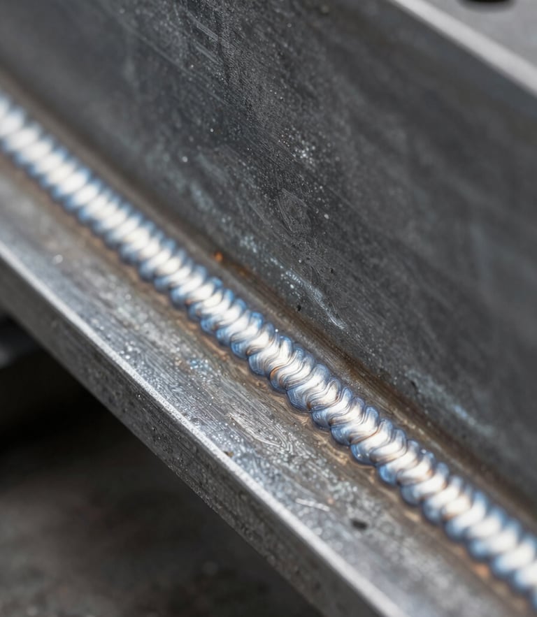 Macro detail shot of a clean, uniform dual-shield MIG weld bead on a structural steel I-beam, cool high-contrast industrial lighting, metallic textures.