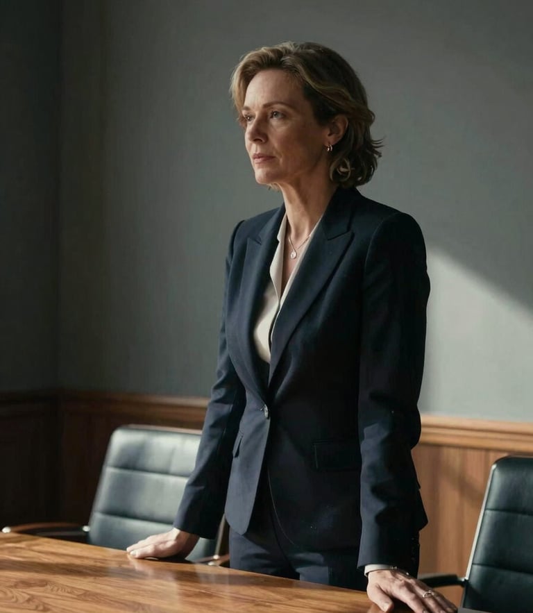 Cinematic editorial portrait of a focused 50-year-old female executive in a sunlit London boardroom, natural side-lighting, rich desaturated tones, 35mm lens.