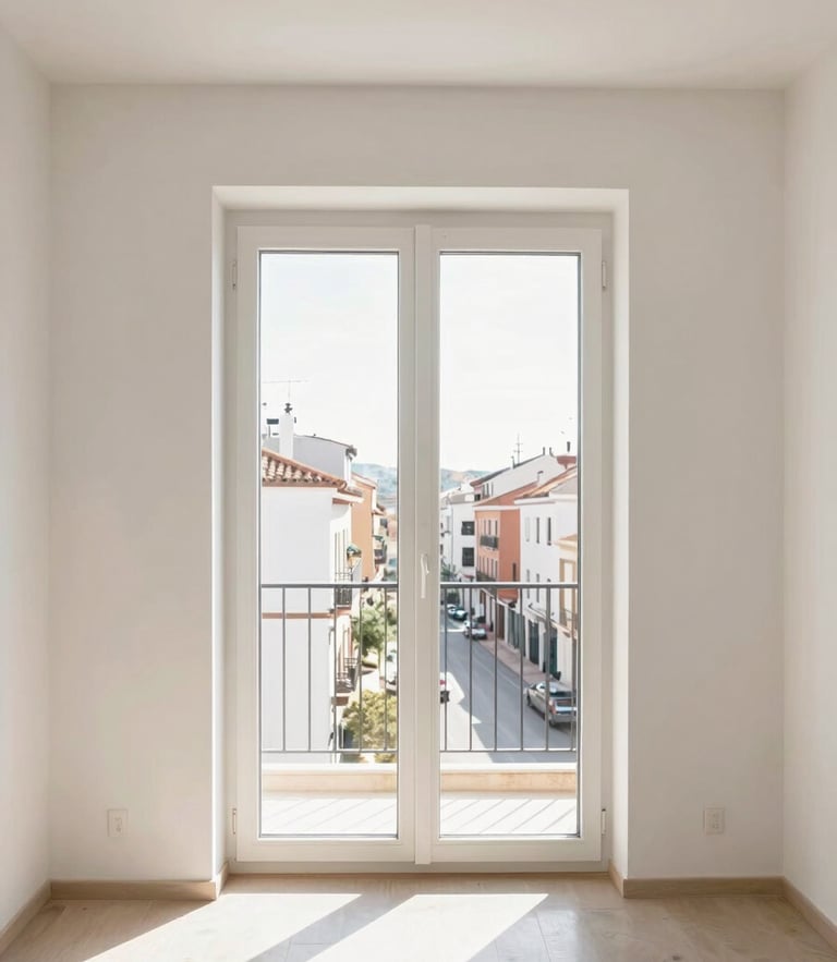 Bright architectural photography of a modern Spanish apartment living room, natural morning daylight coming through double-glazed windows, clean lines, 35mm