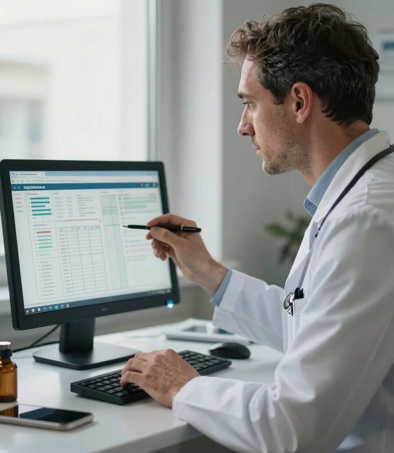 Inquadratura ravvicinata di un medico europeo di profilo che analizza grafici di dati clinici su uno schermo in un ambulatorio privato, luce naturale filtrata dalla finestra.