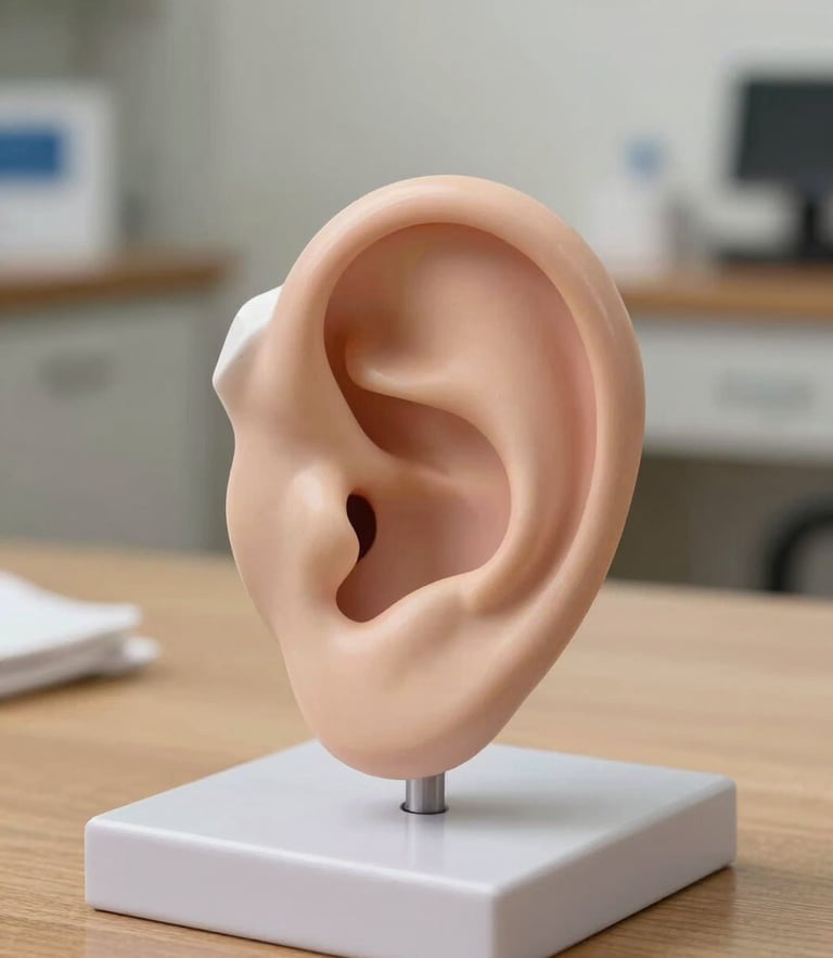 Anatomical model of the human ear on a wooden desk in a quiet Italian medical office, soft side lighting highlighting the intricate internal structures, clean clinical setting.