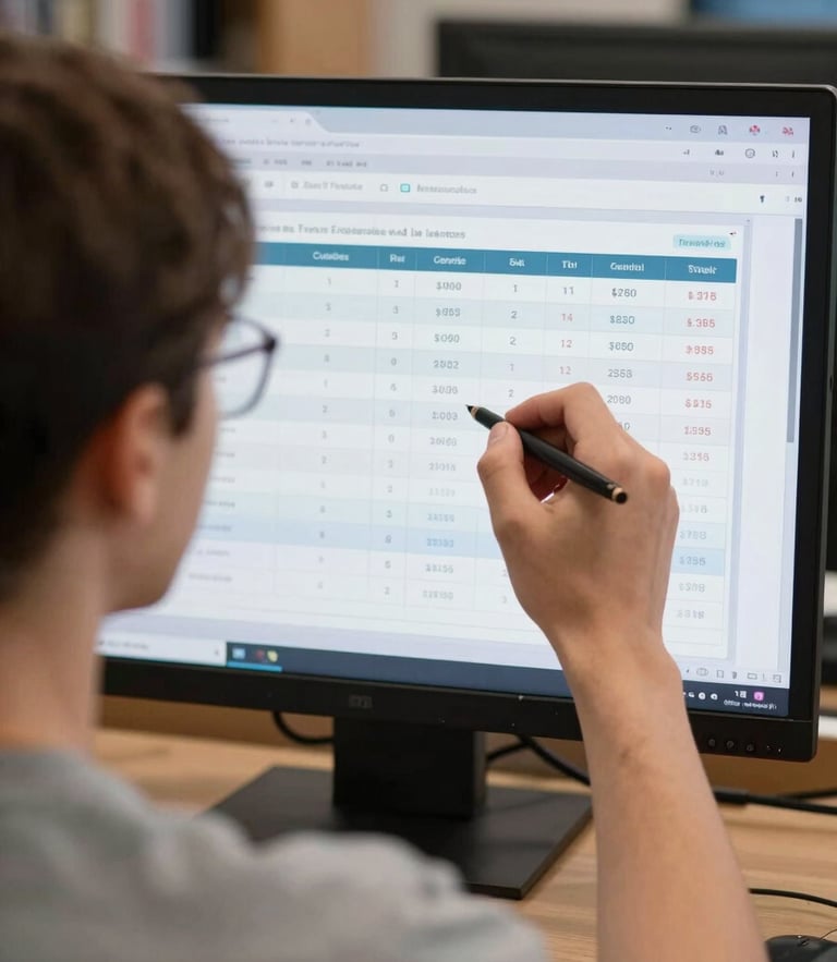 Over-the-shoulder shot of a focused student analyzing digital test analytics on a screen in a cool-lit library, sharp graphics, no stock smiles.