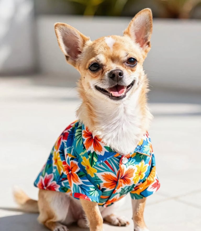 A happy small chihuahua wearing a colorful floral Hawaiian pet shirt, sitting on a bright sunny patio, cheerful saturated tones, shallow depth of field, 35mm