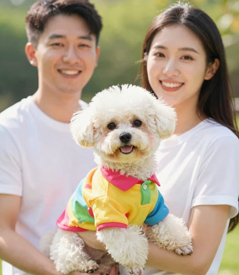 A cheerful family in a sunlit garden holding a small dog wearing a vibrant, colorful handmade shirt, bright high-key pet photography, shallow depth of field