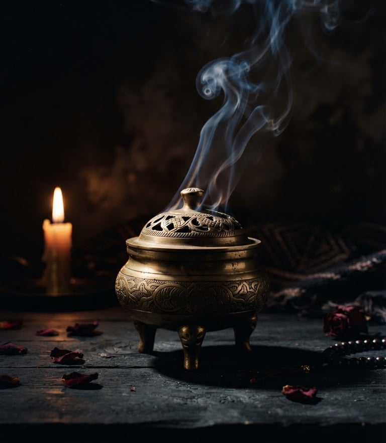 Chiaroscuro editorial photography of a heavy brass incense burner casting long shadows, warm candlelight, dark charcoal background, rich gold accents.