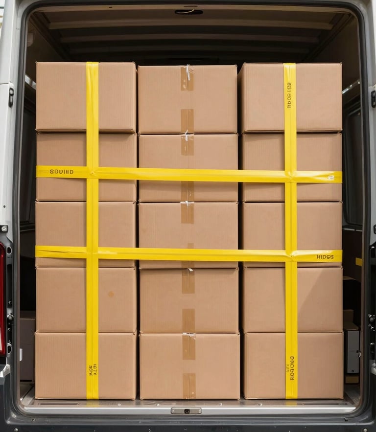 Straight-on functional shot of a clean, branded moving truck interior, neatly stacked uniform cardboard boxes secured with heavy-duty yellow tension straps under bright daylight.