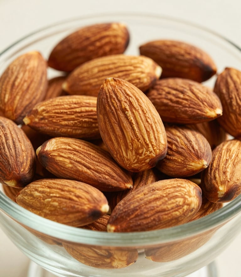 Macro eye-level portrait of whole, unbroken almonds in an elegant glass vessel under soft natural daylight, off-white background.