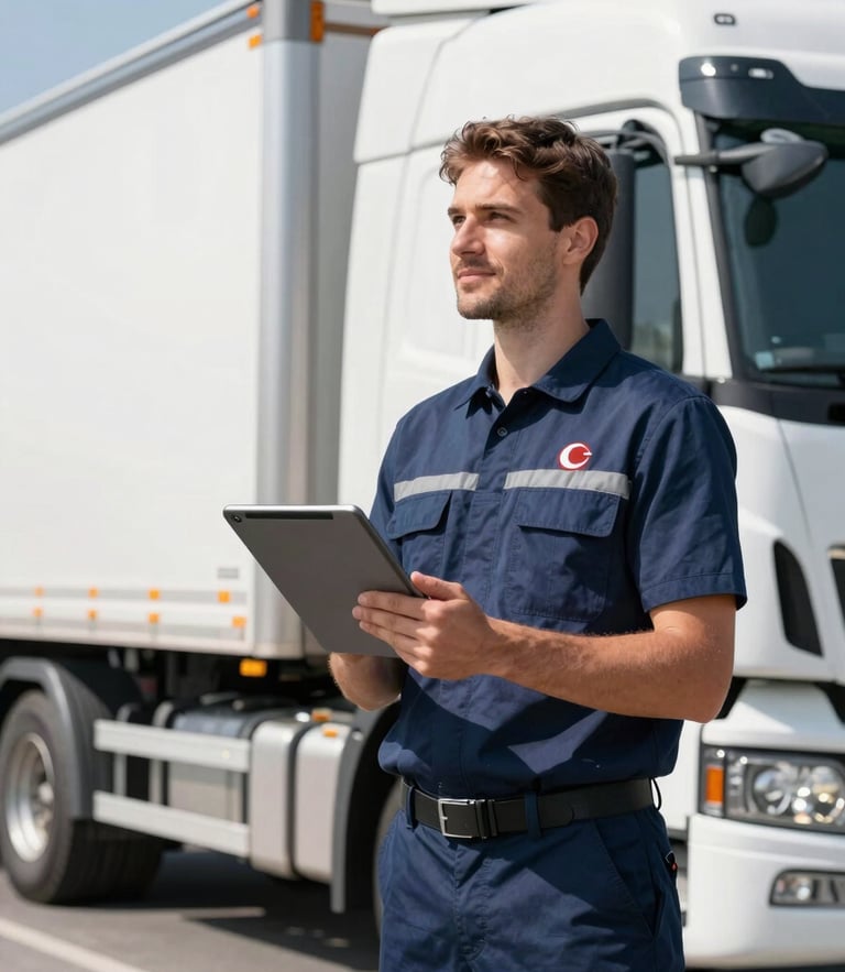 A professional Turkish logistics crew member in a clean branded uniform, holding a digital tablet next to modern cargo, bright daylight, professional commercial photography, sharp focus.