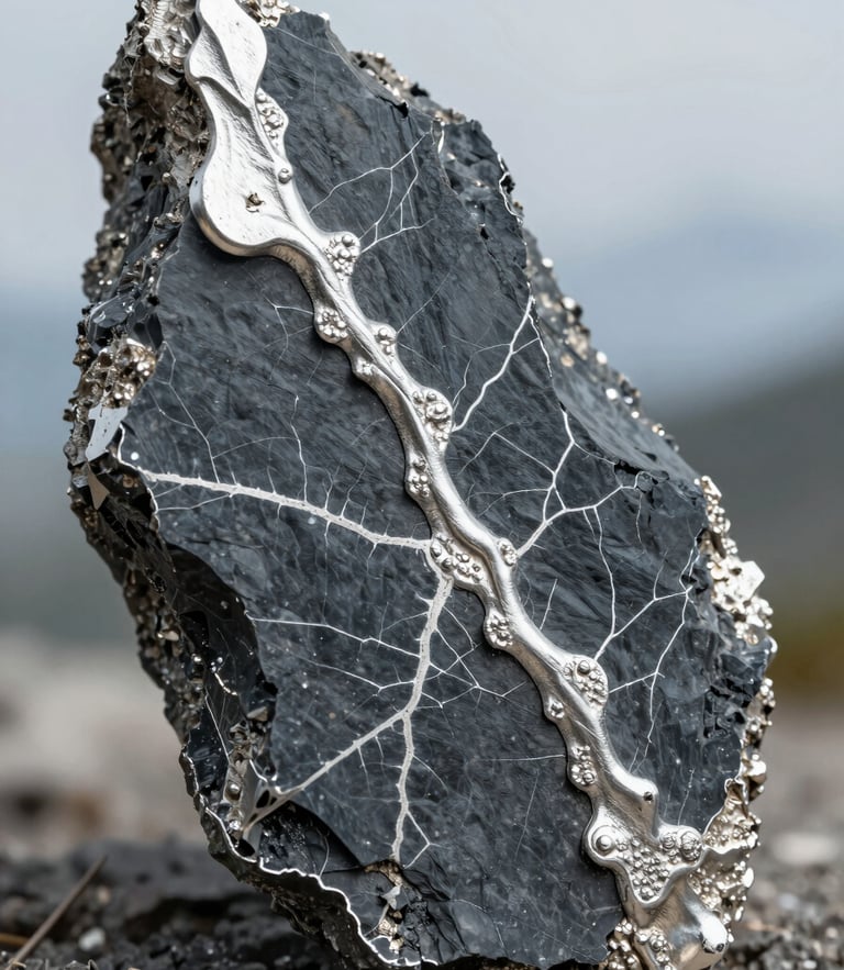 Macro shot of high-resolution mineralized silver core sample with visible native silver veins, sharp focus, cool slate and silver tones