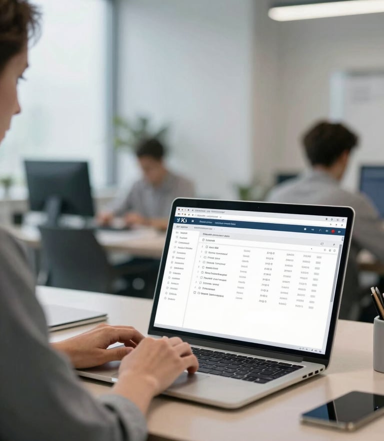 A church volunteer coordinator using a laptop in a bright modern administrative office, front-facing device mockup showing a clean database interface, natural cool lighting