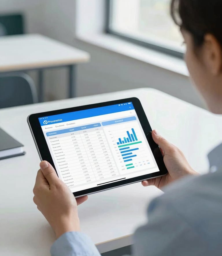 Over-the-shoulder shot of a school administrator in a bright office reviewing student attendance records on a tablet, displaying a clean blue-and-white dashboard interface with graphs. Bright natural daylight with a slight cool blue tint.