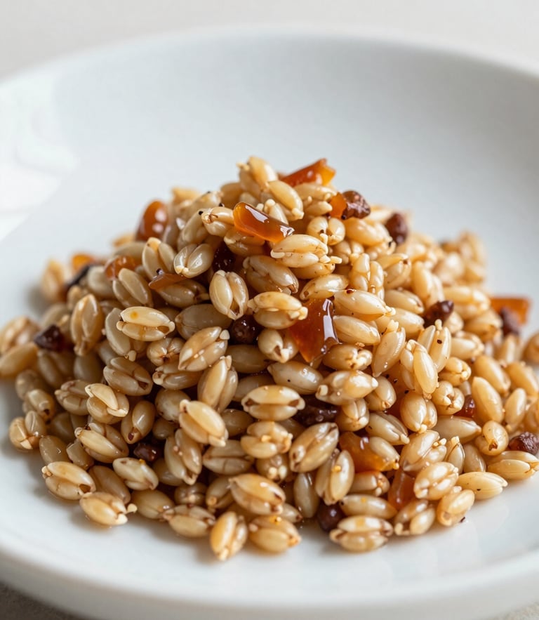Refined editorial food photography, close-up of a meticulously plated heirloom grain dish, soft natural daylight, warm wheat and caramel tones, shallow depth of field, 35mm