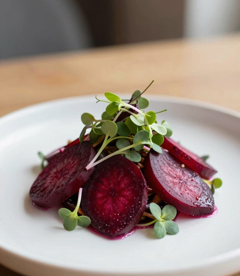 Macro shot of a meticulously plated heirloom beet salad with microgreens, soft natural side light, shallow depth of field, 35mm