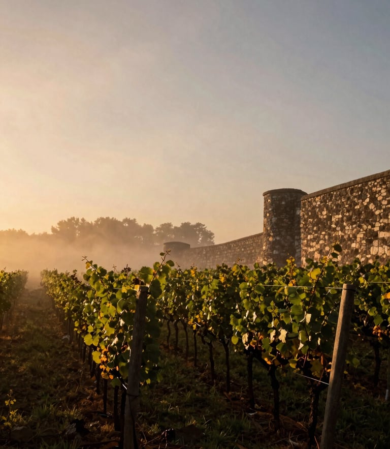Misty morning vineyard landscape in deep wine tones, low-angle golden hour daylight, historic stone wall visible on the right, cinematic 35mm film