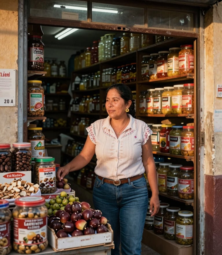 Plan medio de una mujer comerciante en su tienda local de abarrotes, luz natural de la tarde entrando por la ventana, ambiente cálido y auténtico.