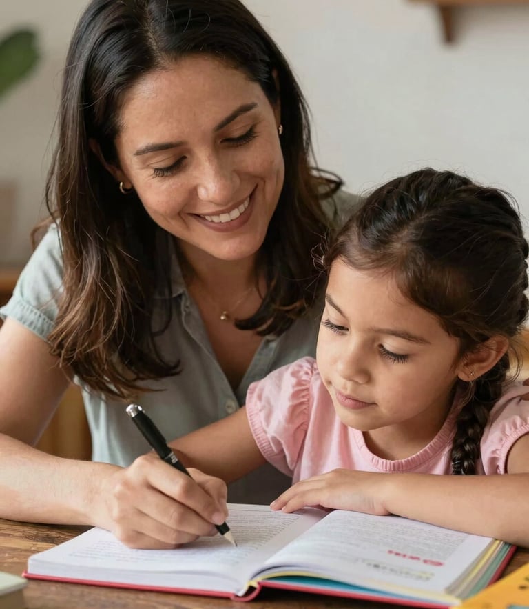 Close-up portrait of a smiling Colombian mother helping her young daughter study with colorful textbooks at a rustic wooden table, soft natural side lighting.