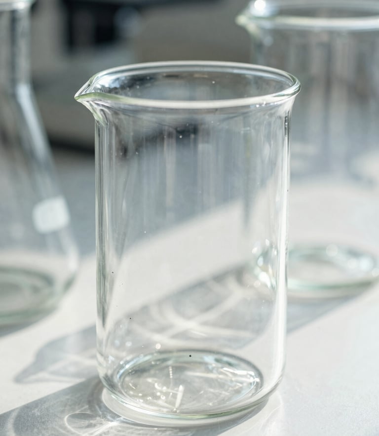 Macro close-up of clean laboratory glassware with natural shadows in bright daylight, representing scientific precision and clinical-grade analysis.