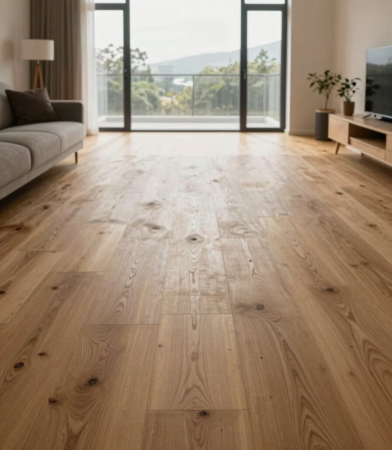 Straight-on architectural elevation of a modern living room featuring wide-plank engineered oak flooring, natural side-lighting from a large window casting soft shadows, minimal furniture, clean lines.