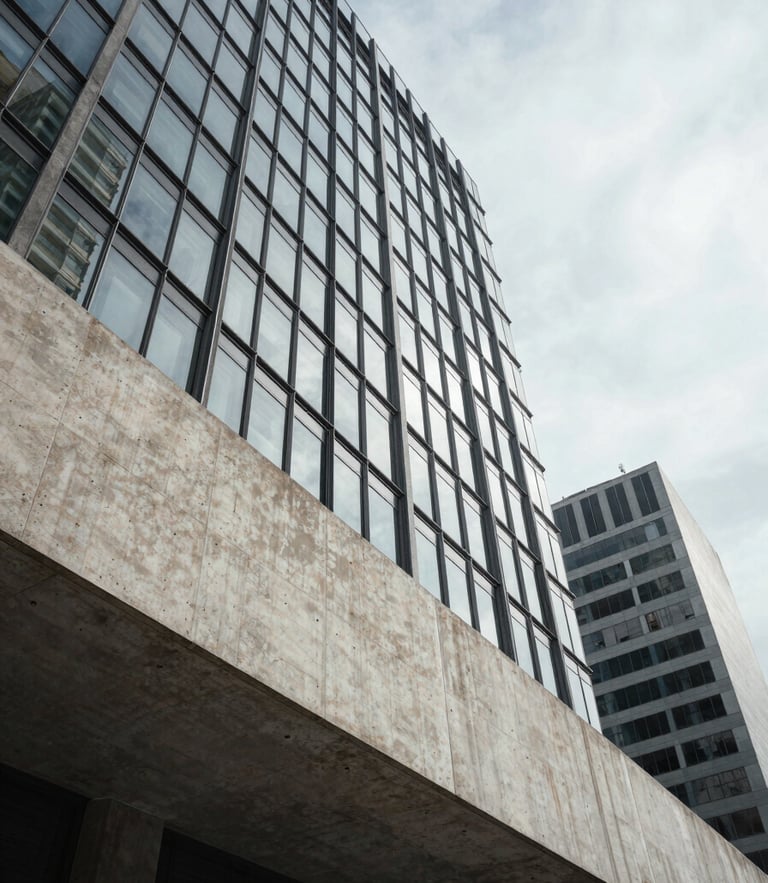 Wide architectural angle of a modern concrete and glass building facade in São Paulo, sharp geometric shadows, cool overcast daylight, negative space.